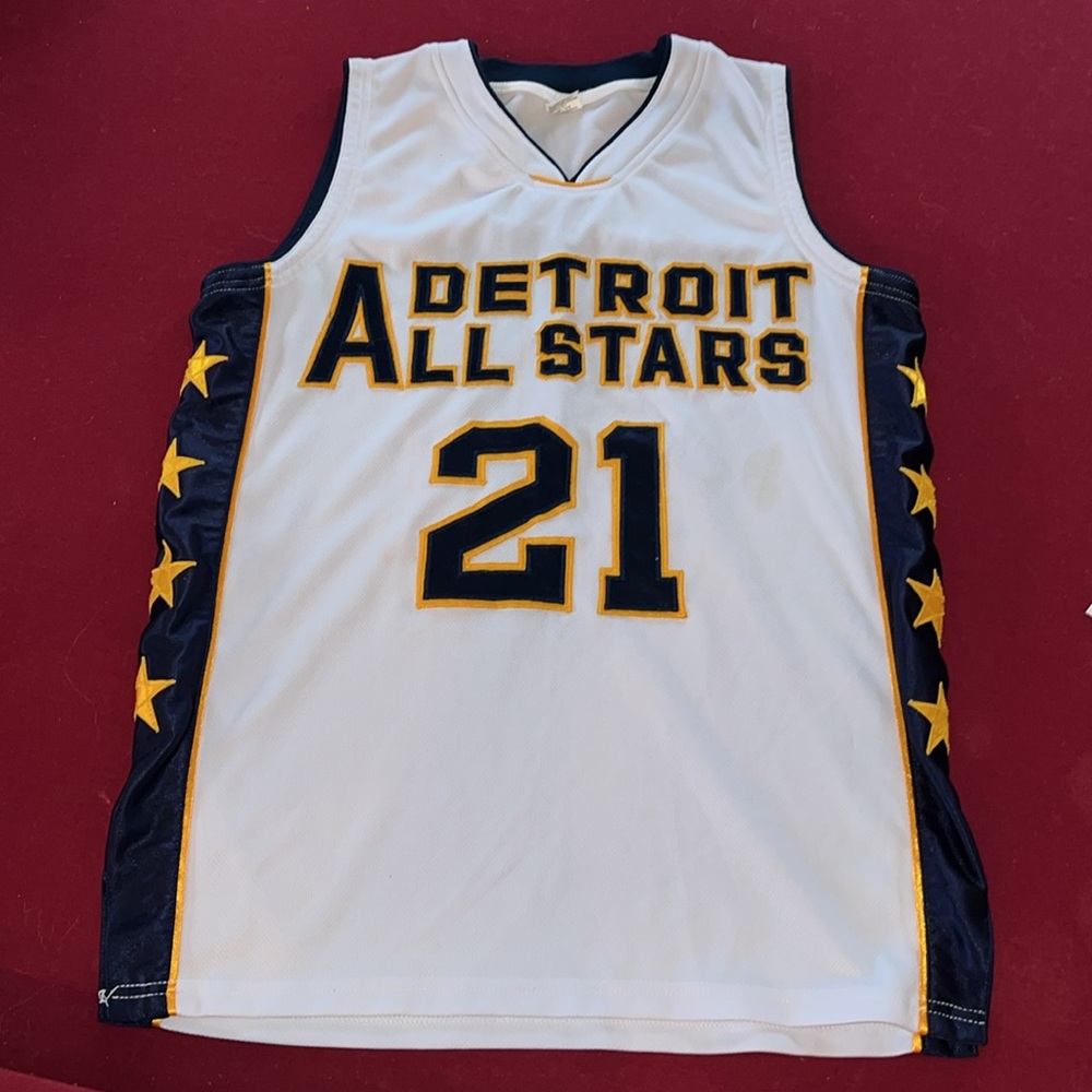 Detroit ALL STARS Basketball Jersey, WHITE 3D yellow stars blue side stripe #21